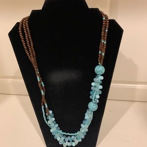 26" Turquoise, Blue Topaz and Wood Necklace